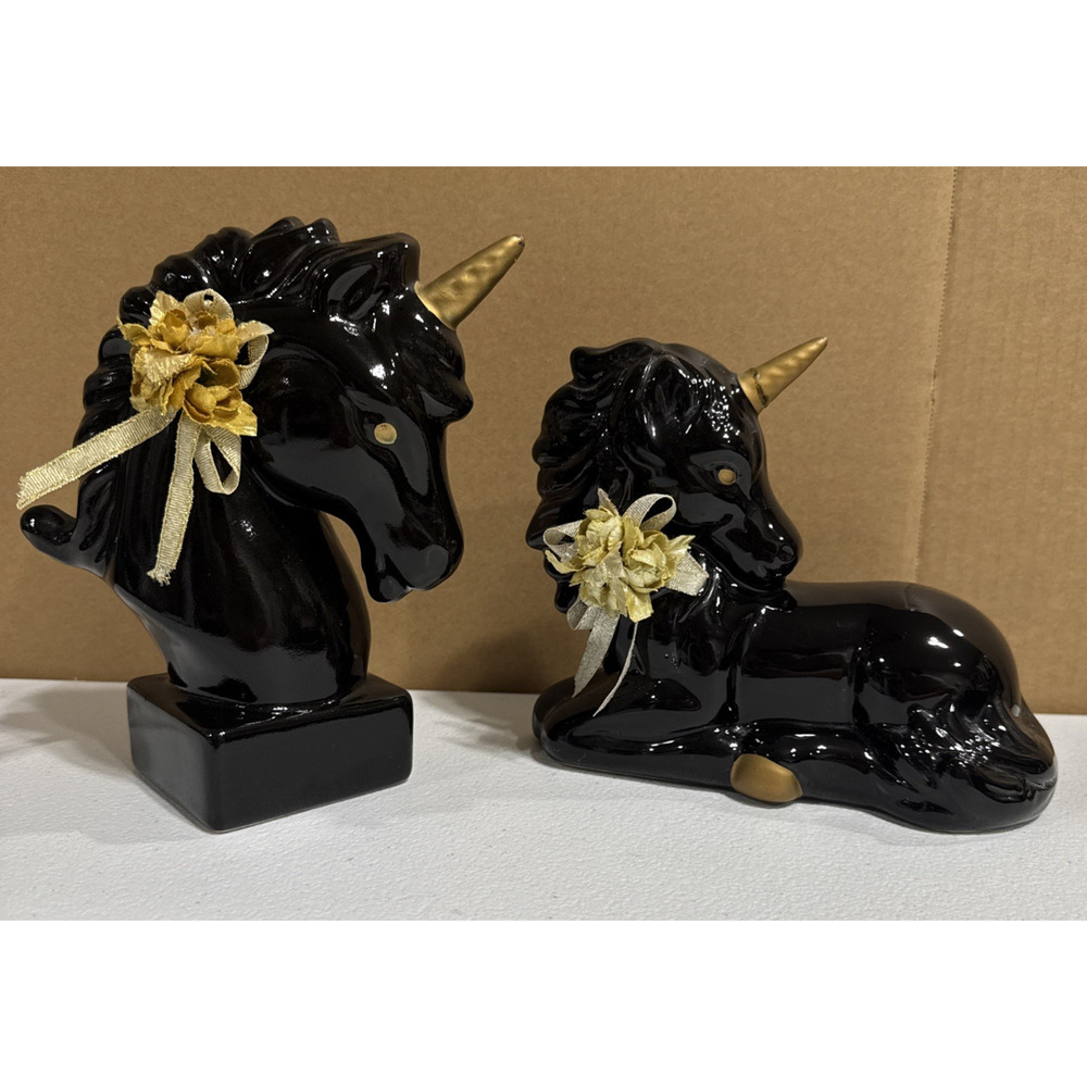 VTG Ceramic Unicorn Figurines Glossy Black & Gold Flower Lot of 2 Whimsical